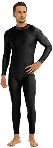 dPois Herren Jumpsuit Lang Overall Langarm Ganzkörperanzug Bodysuit mit Stehkragen Zipper Sport Body Gymnastikanzug Stretch Schwarz 2X-Large