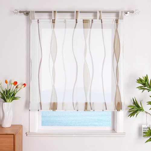 ESLIR Raffrollo mit Schlaufen Gardinen Küche Raffgardinen Transparent Schlaufenrollo Vorhänge Mit Wellen-Druck Modern Voile Sand BxH 60x140cm 1 Stück