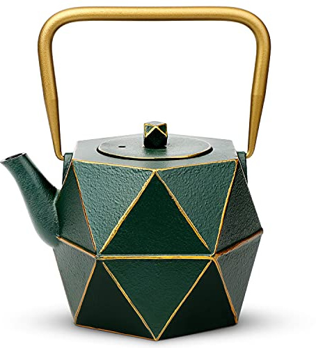 Tea Kettle, TOPTIER Japanese Cast Iron Teapot with Stainless Steel Infuser, Cast Iron Tea Kettle Stovetop Safe, Diamond Design Teapot Coated with Enameled Interior for 30 oz (900 ml), Green