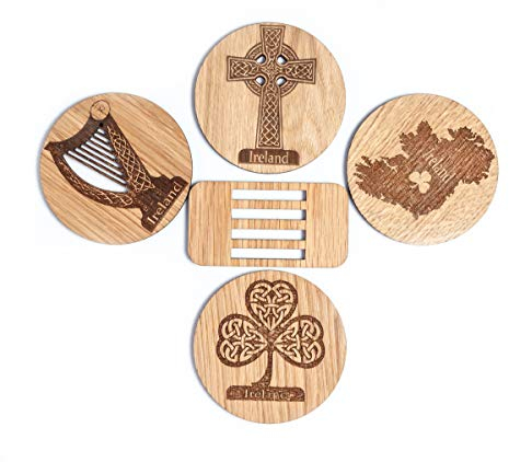 Biddy Murphy Irish Gifts Getränkeuntersetzer aus Eichenholz, mit Ständer, geätzte Designs, inklusive Kleeblatt, Harfe, keltisches Kreuz, Irland, importiert, 9,5 cm, rund, 4 Stück