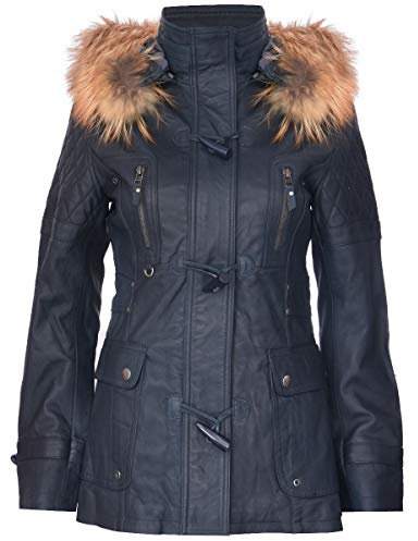 Women's Navy Blue Quilted Leather Parka Jacket with Detachable Hood 2XL