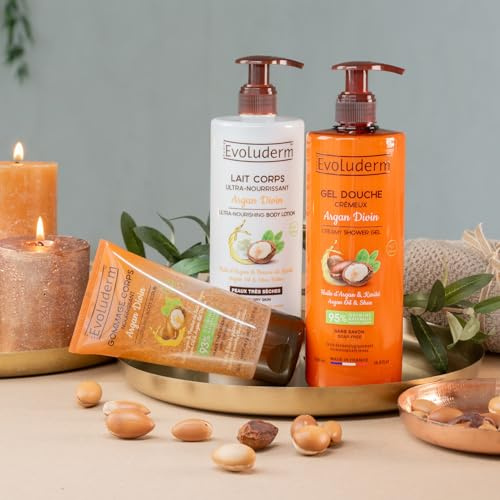 EVOLUDERM - Routine Nourrissante Corps 3 produits - Argan Divin - Idée Cadeau Femme - Ingrédients d'Origine Naturelle - Végan - Fabrication Française