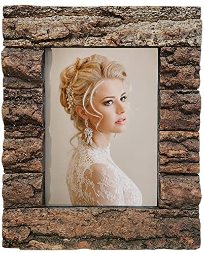 IKEREE Rustikaler Holz-Bilderrahmen mit echter Rinde aus Massivholz, High-Definition-Glas, Tischplatte oder Wandmontage für Bauernhaus-Dekor, 4x6