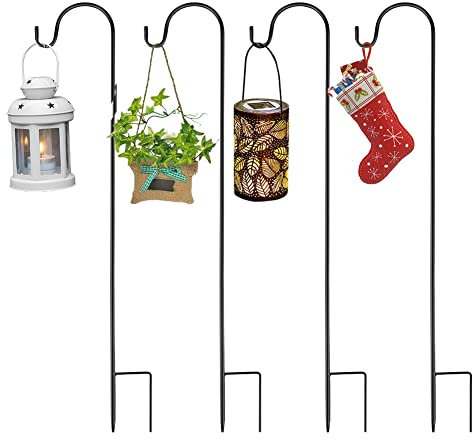 Jermily Adjustable Height Shepherd Crook Hooks,Set of 4 Festoon Pole with Base,3 Threaded Fittings Black Metal Garden Border Hook for String Lights,Flower Ball,Plant Baskets -76 cm/29.64 in