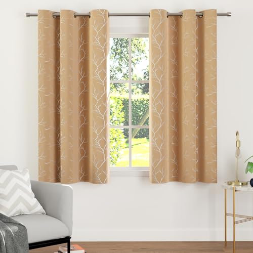 Encasa Gedruckte Blackout -Vorhänge 113x183 cm, 2 Pcs | Silberfolie Zweige Beige Design I Raumverdunkelung - Blöcke 85% Licht | Schall- und Hitzereduzierung für Schlafzimmer ich Waschbar