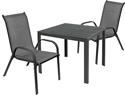 Mojawo Hochwertige Gartengarnitur 3-teilig Gartentisch 90x90cm Anthrazit Grau + 2 Stapelstühle Textilen Anthrazit