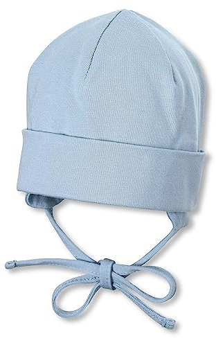 Sterntaler OCS Beanie uni - Baby Beanie Mütze aus Singlejersey (Bio) - Jungen Kopfbedeckung mit Umschlag und Ohrenklappen - Baby und Kinder Übergangsmütze zum Binden - ab Geburt - graublau, Größe 41