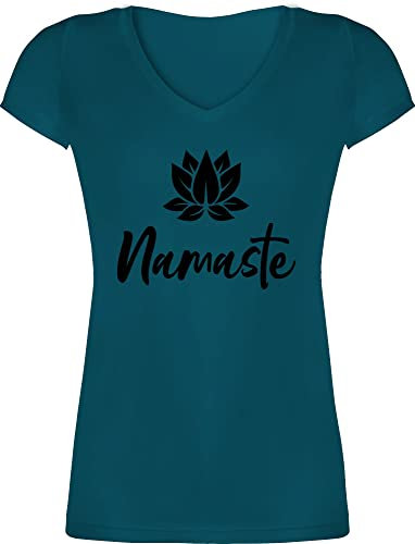 T-Shirt Damen V Ausschnitt - Yoga und Wellness Geschenk - Namaste mit Lotusblüte schwarz - S - Türkis - t Shirt Tshirt Geschenke Oberteil Bekleidung Kleidung Oberteile Baumwolle yogashirt