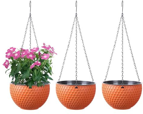 YuanDiann Juego de 3 macetas colgantes con sistema de autorriego, con depósito de agua y agujero de drenaje, con cadenas inoxidables, para interior y exterior, para balcón, decoración