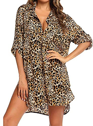 TBSCWYF Femme Coton Chemise de Plage Col V Profond Cache-Maillots Robe de Plage Plage Boutonné Cache-Maillots et Sarongs Col V Bikini Cover Up Blouse