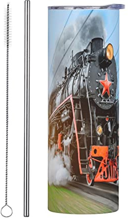 Tool Steam Locomotive Train Tumbler Cup 20 oz, Stainless Steel Mug Vaccum Insulated Skinny Tumblers with Lid and Straw Double Wall Feak Proof Coffee Travel Mug Birthday Gift for Women Men