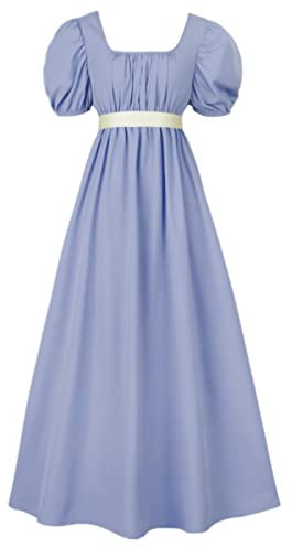 FRIUSATE Regency Dress, Jane Austen Regency Dress with Satin Sash, Victorian Empire Waist Ruffled Puff Sleeve Long Dress for Parties Ball Gown(S Light Blue)