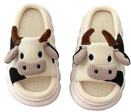 Lenugeo Cartoon Kuh-Hausschuhe Damen Herren, Kawaii Cow Rutschfeste Linen Slippers, Niedliche Kuschelige Stumme Haus Slides | Beige 38-39 EU