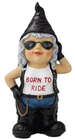 Jy.Cozy Harley-Themed Female Biker Gnome Statue – 12.6 Tall Born to Ride Resin Sculpture, Hand-Painted Leather Vest Decor for Motorcycle Lovers, Gardens, Garages, or Rebel Gift