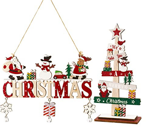 2 Stück Weihnachtsdeko Holz Merry Christmas Schild Türschild Weihnachtsbaum Aufsteller Holzdeko Weihnachtsmann Schneemann Weihnachten Tür Wand Tisch Dekoration zum Aufhängen Hinstellen