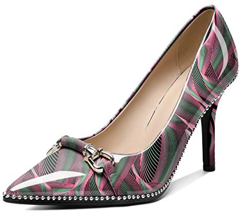AUMOTED Décolleté da donna in pelle verniciata con perline a punta décolleté con tacco alto 9 cm, per feste, serate, matrimoni, Onda, 39 EU