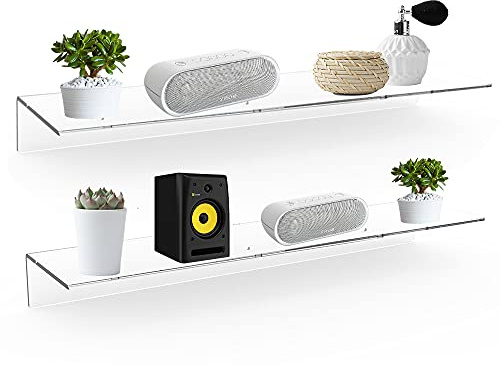 Sezanrpt 24 Inches Clear Floating Shelves for Wall, Acrylic Long Wall Shelf, Wall Mounted Shelves for Plants, Speaker, Radio, Funko Pop, Stuffed Animal, Books, Cosmetics, Toiletries, 2 Pack (24 Inch)