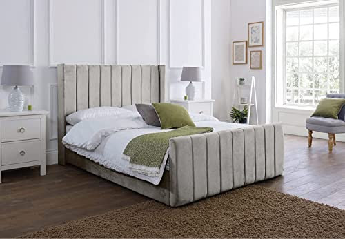 SANA SLEEP 5FT Ottoman Panel Wing Plush Velvet Upholstered Bed Frame With Storage Option - Plush Grey