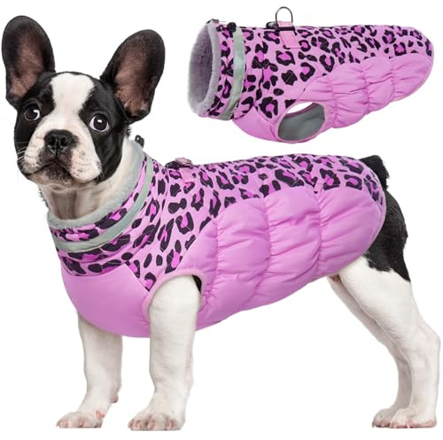 FUAMEY Hunde-Wintermantel – Hundejacke mit Reißverschluss, integriertes Geschirr, gepolsterte Weste, wasserabweisend, reflektierend – rosa Leopard, S/M/L