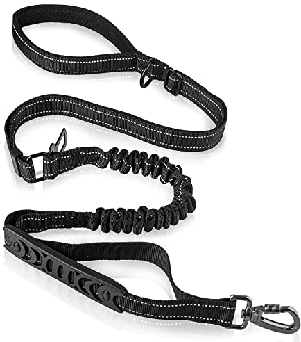 4.26FT bis 5.57FT Starke Hundeleine, LENAUQ Anti Pull Stoßdämpfende Bungee-Hundeführungsleitung mit 2-gepolstertem Griff-Auto-Sicherheitsgurt-Schnalle Reflexstreifen, justierbare Hundeleine Schwarz