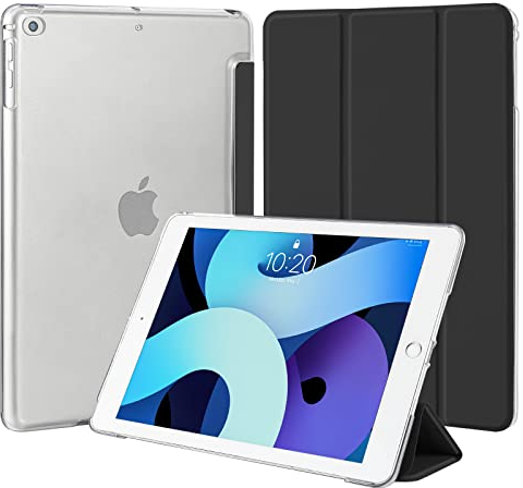 4UBonLife Hülle für iPad 6./5. Generation 9,7 Zoll 2018 2017, auch für iPad Air 1/2, Schlanke Ständer Schutzhülle mit Hart PC Transluzente Rückseite Schale, Stoßfeste Smart Case Cover, Schwarz