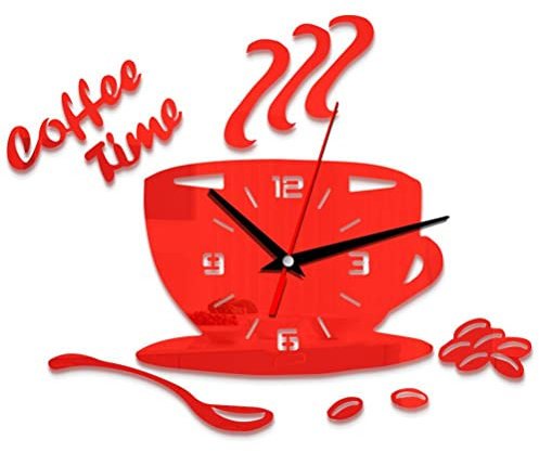 Fdit Acryl-Wanduhr, DIY-Acryl-Wanduhr, Moderne Stumme Kaffeezeituhr, Tassenform, Wandaufkleber, Hohle Ziffernuhr für Büro, Zuhause, Badezimmer, Küche, Schlafzimmer (Rot)