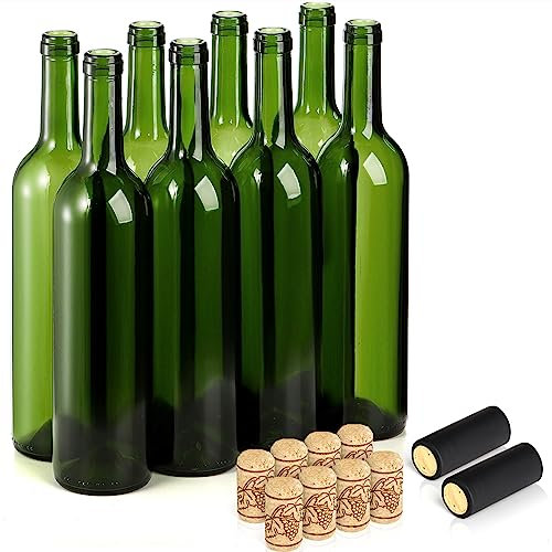 DEAYOU 8 Pack 750ml Bordeaux Wine Bottles, Glass Clear Bottles with 8 Corks and 8 PVC Shrink Capsules, Flat-Bottomed Empty Bottle for Claret, Liquor, Champagne, Juice, Beverages, Decor, Antique Green