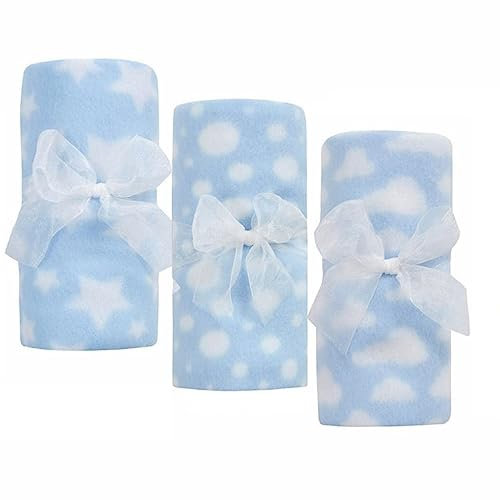 BBsky Set of 3 Baby Boy Girl Unisex Newborn Super Soft Fleece Blankets, Multi Purpose Patterned Crib Car Moses Pram Seat Stroller Cover Travel Home or Just for Gift Idea (Blue)