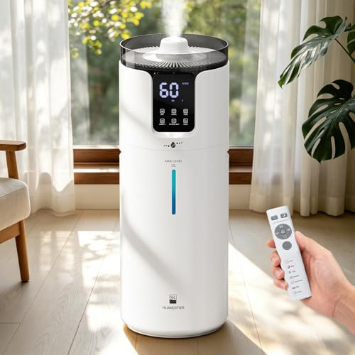 LACIDOLL Whole House Humidifiers for 2000 sq.ft, 4.2Gal/16L Quiet Cool Mist Top Fill Floor Humidifier with Essential Oil Tray, 4 Mist Modes, Remote, Beige Plastic, Automatic Operation