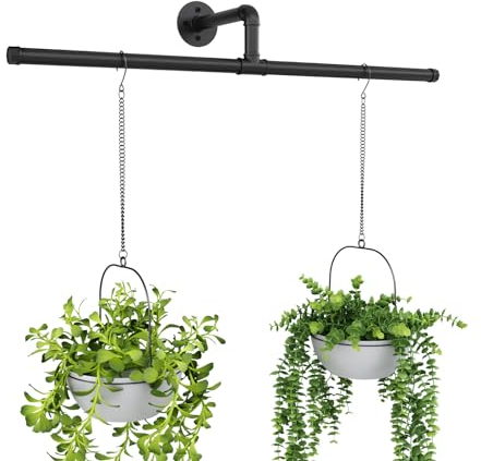 Bamworld Maceteros colgantes para plantas de interior, forma de T, soporte para plantas de interior, para ventanas, estantes de plantas, montaje en techo, barra negra, decoración de pared
