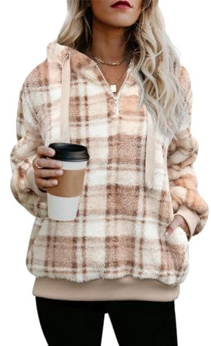 ReachMe Übergroßer Sherpa-Pullover mit Taschen für Damen, flauschiges Fleece, Sweatshirt, Buffalo Plaid, flauschiger Mantel, A Plaid Hellbraun, L