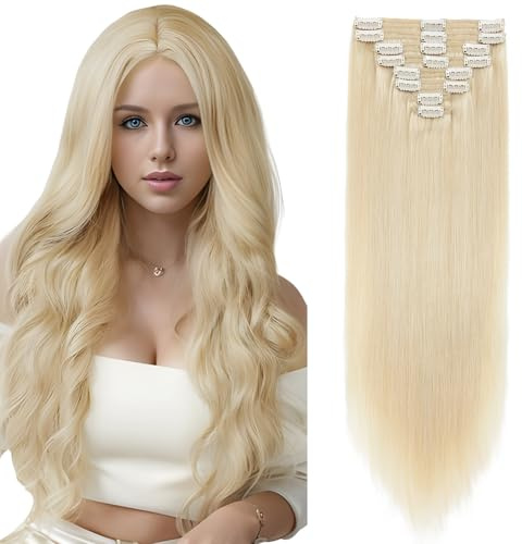 Elailite Double Weft Clip in Hair Extensions Real Human Hair Thick Natural Remy Hair Straight - 8 Pieces Full Head Blonde - #60 Platinum Blonde - 22 Inch (160 g)