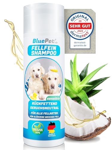 BluePet Hundeshampoo sensitiv 200ml – rückfettend & pH-Wert 7 – für alle Hunderassen, Langhaar & weißes Fell – mit Aloe Vera & Jojobaöl gegen Juckreiz, Gerüche & Schmut