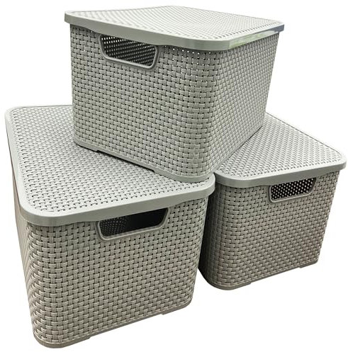 STORM TRADING GROUP Light Grey Rattan Effect Storage Baskets With Strong Lids Ideal For Kitchen, Bathroom, Laundry Room, Home & Office Storage Boxes (4)
