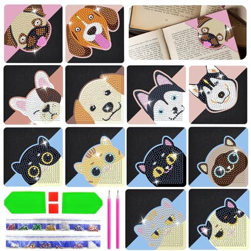 Diamond Painting Lesezeichen Katze Und Hunde - 12 Stück 5D Lesezeichen Diamond Painting Basteln Bookmark Mädchen Jungen Personalisierte für Erwachsene
