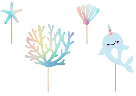 Set 4 Cake Topper Narwal Einhorn der Meere Seestern Muschel Kuchenstecker Muffin Cupcake Deko Kindergeburtstag Mädchen Geburtstag Frauen
