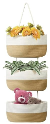 Kalakriti Over the Door Hanging Basket| 3-Tier Woven Cotton Wall-Mounted Storage Organizer Bag| Decorative Kitchen Baskets| Back of Door Storage| Small Planter (Beige-White)