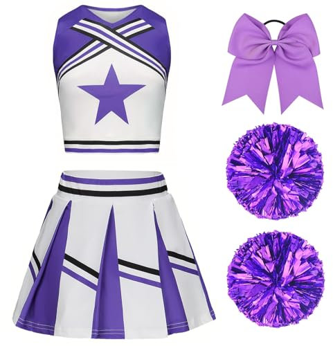 XFOZDM Cheerleader Kostüm Kinder Cheerleader Kostüm Kleid Mädchen Cheer Uniform mit Pompoms und Kopfschmuck Cheerleading Outfit Kinder für Faschingskostüme Halloween Karneval Volett 160