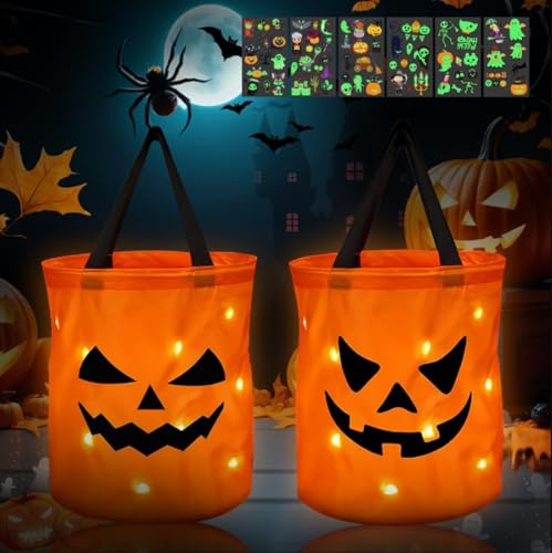 2 Halloween Süßigkeiten Tasche,Halloween Eimer LED,Kürbis Candy Tüten | 6 Stück Leuchtende Aufkleber,Leuchtend Süßigkeiten Tasche,Geschenktasche,für Kinder Party