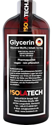 ISOLATECH Glycerin 99,5% 250ml Pharmaqualität made in Germany, gemessen 99,98% rein Pflanzlich, Glyzerin Glycerol flüssig transparent 250ml-Flasche (Inhalt 300g)
