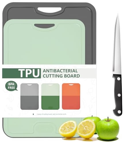 Gintan Confezione da 2 taglieri flessibili in TPU, senza BPA, con lama e scanalatura, taglieri flessibili antigraffio per la cucina, lavabile in lavastoviglie, manico antiscivolo(Grigio+Verde)