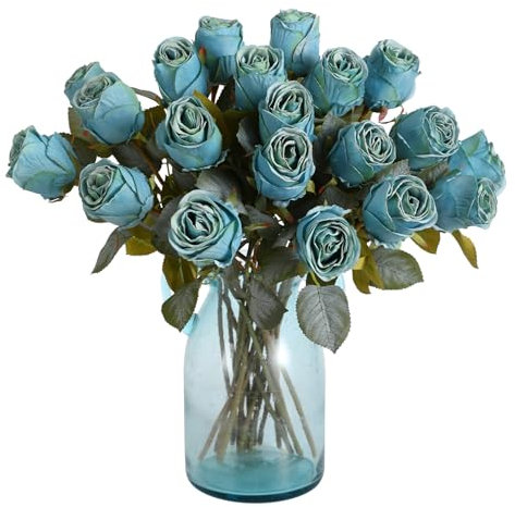 Kisflower 20 Pcs Artificial Rose Flower,Silk Blossom Rose Realistic Flower for Table Office Party Wedding Home Decor(blue,20pcs)