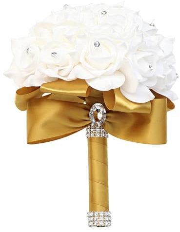 Brautstrauß mit Strass, Hochzeit Blumenstrauß Braut Brautjungfer Brautjungfern Bouquet ø18CM Blumensträusse Hochzeit Künstlich Silk Blume für Hochzeit, Fotoshooting (1-Gold,ø18x24CM)