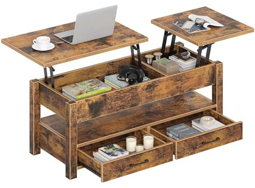 Rolanstar Couchtisch Höhenverstellbar, Couchtisch Holz mit Stauraum, Wohnzimmertisch Höhenverstellbar, Tisch Wohnzimmer Dunkelbraun mit Schublade