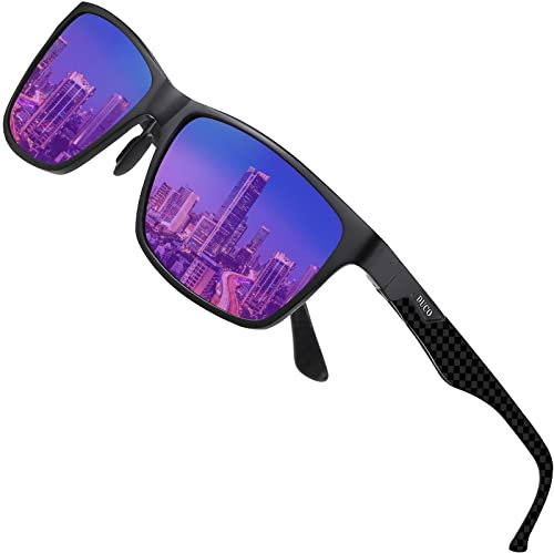 DUCO Herren Polarisierte Sonnenbrille mit Rechteckig Metallrahmen und Kohlefaser Brille Beine UV400 CAT 3 8206 (Schwarz Rahmen Revo Lila Linse)