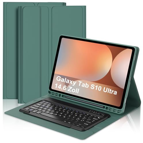 Funda con Teclado para Samsung Galaxy Tab S10 Ultra 14.6, Teclado para Samsung Tab S10 Ultra/S9 Ultra, España Ñ Bluetooth Desmontable Teclado Galaxy Tab S9/S10 Ultra 14.6 Pulgadas, Verde Oscuro
