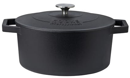 Cooks Professional 26cm Cast Iron Casserole Dish 5.8L with Lid & Handles | Colourful Modern Design Enamelled Cooking Pan Pot | Suitable For All Hobs Inc Induction | Oven & Grill Safe | Matt Black