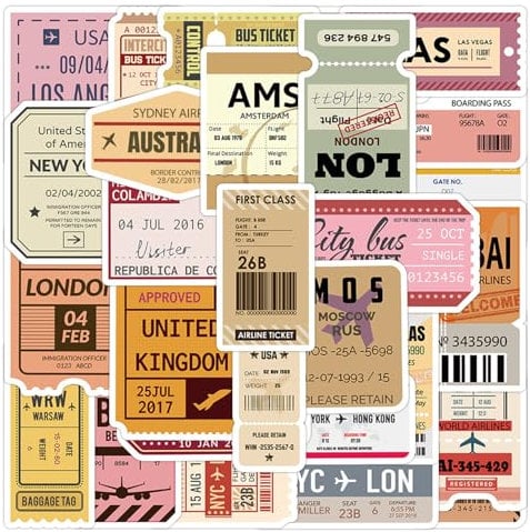 60Pcs Airline Ticket Stickers, Vintage Boarding Pass Landmarks Stickers, Travel Map City Sticker, Waterproof Aircraft Ticket Sticker for Luggage, Guitar, Laptop, Water Bottles