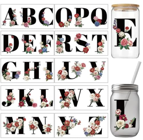 arricraft 10 Sheets UV DTF Cup Wrap Transfer Sticker, 26 Letters with Flower Rub on Transfers Decal for 16OZ Glass Cups Furniture Craft Wood DIY Crafts 24x11cm/9.4x11inch
