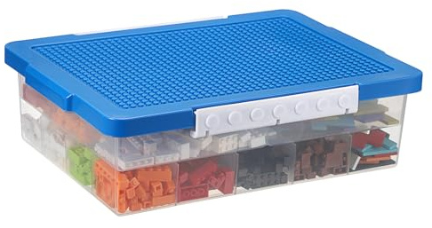 OGANAZI Plastic Building Block Bricks Storage Box, Blue, 32.5 * 23.5 * 11cm | Lego Box with Sorting Tray and Building Plate Lid, Lego Organiser with Snap, Double Layers and 30 Compartments, Lego Storage